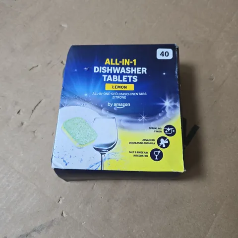 BOX OF APPROXIMATELY 15 ASSORTED HOUSEHOLD ITEMS INCLUDING ALL IN 1 DISHWASHER TABLETS LEMON , SMALL WOODEN SHELF AND SMART HUB