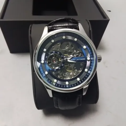 LOUIS LACOMBE STAINLESS STEEL SKELETON DIAL GENTS WATCH WITH BLACK LEATHER STRAP