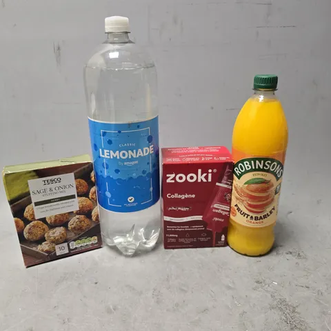 APPROXIMATELY 8 ASSORTED FOOD & DRINK ITEMS TO INCLUDE - LEMONADE , ROBINSONS FRUIT & BARLEY , TESCO SAGE & ONION STUFFING MIX ETC