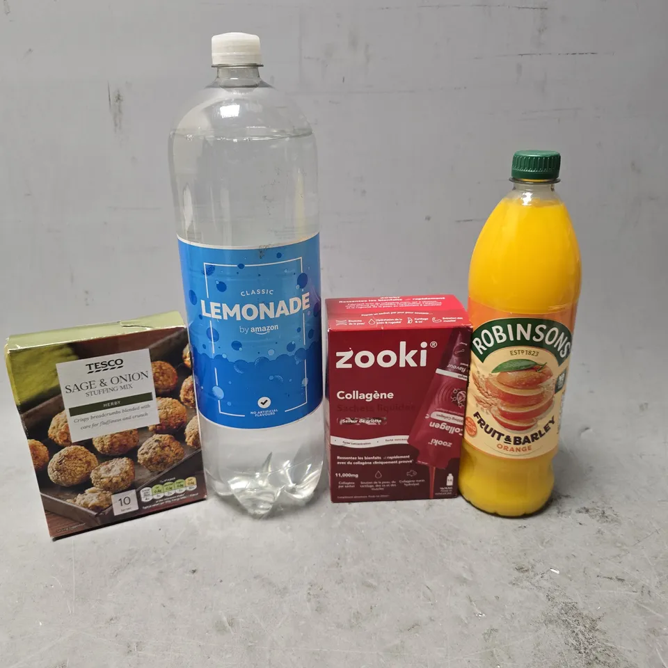 APPROXIMATELY 8 ASSORTED FOOD & DRINK ITEMS TO INCLUDE - LEMONADE , ROBINSONS FRUIT & BARLEY , TESCO SAGE & ONION STUFFING MIX ETC