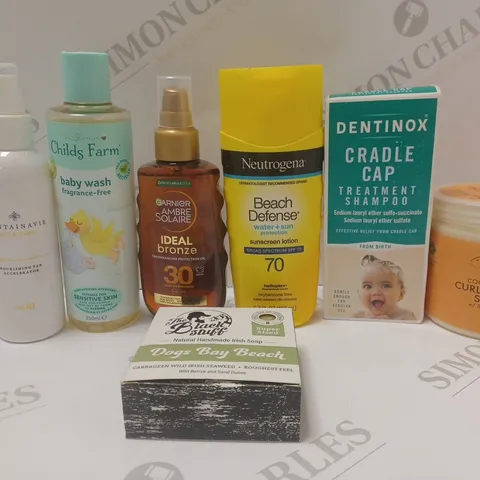 BOX OF APPROX 8 ASSORTED BEAUTY PRODUCTS TO INCLUDE TROPIC BEAUTY BOOSTER, GARNIER IDEAL BRONZE PROTECTION OIL, DENTINOX CRADLE CAP, ETC
