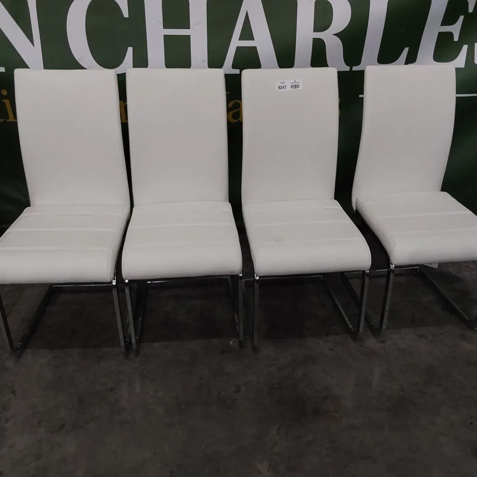 SET OF FOUR UPHOLSTERED DINING CHAIRS WHITE PU ON CHROME FRAME