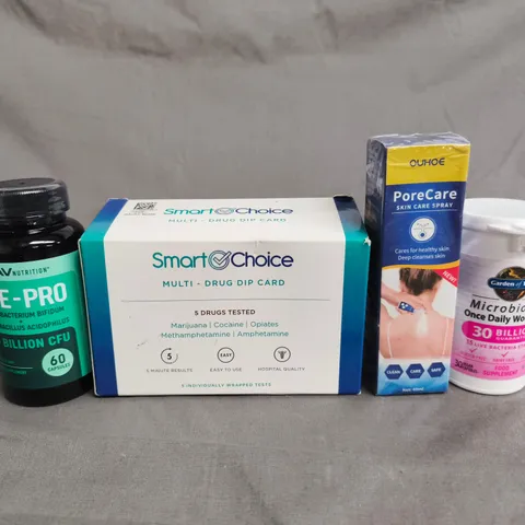 APPROX 10 ASSORTED ITEMS TO INCLUDE - GARDEN OF LIFE MICROBIOME PROBIOTIC TUB; MAV NUTRITION PRE-PRO PROBIOTIC BOTTLE; SMART CHOICE MULTI-DRUG DIP CARD; OUHOE PORECARE SKIN CARE SPRAY