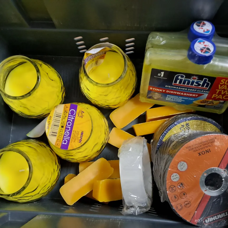 APPROXIMATELY 10 ASSORTED HOUSEHOLD ITEMS TOO INCLUDE FINISH DEEP CLEAN, CITRONELLA CANDLE, AND INOX STAINLESS STEEL ETC.