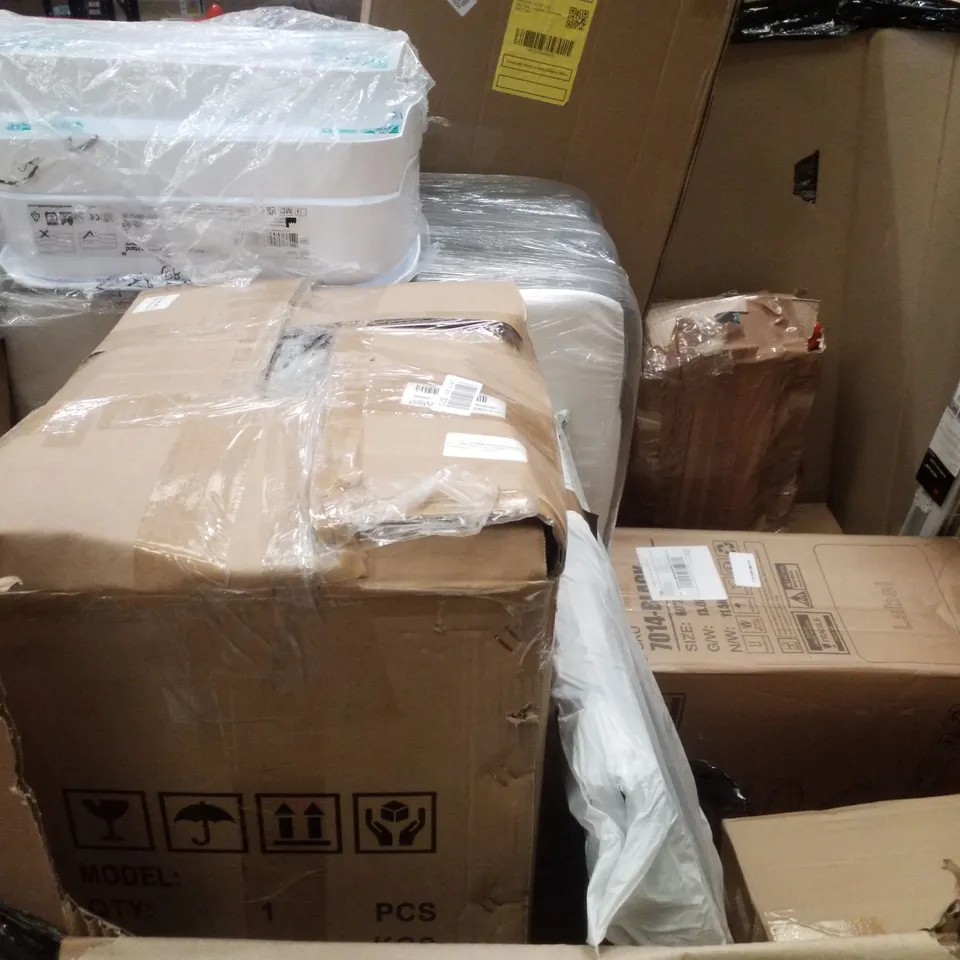 PALLET CONTAINING ASSORTED PRODUCTS INCLUDING TOILET SEATS, PILATES ESSENTIAL KIT, ROLLER BLIND, WOK & OFFICE CHAIR