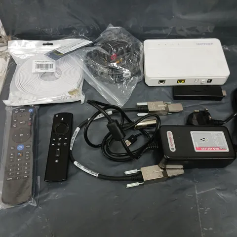 BOX OF APPROXIMATELY 8 ASSORTED ITEMS TO INCLUDE - AMAZON STICK, ETHERNET CABLE, AND OPEREACH BOX ETC. 