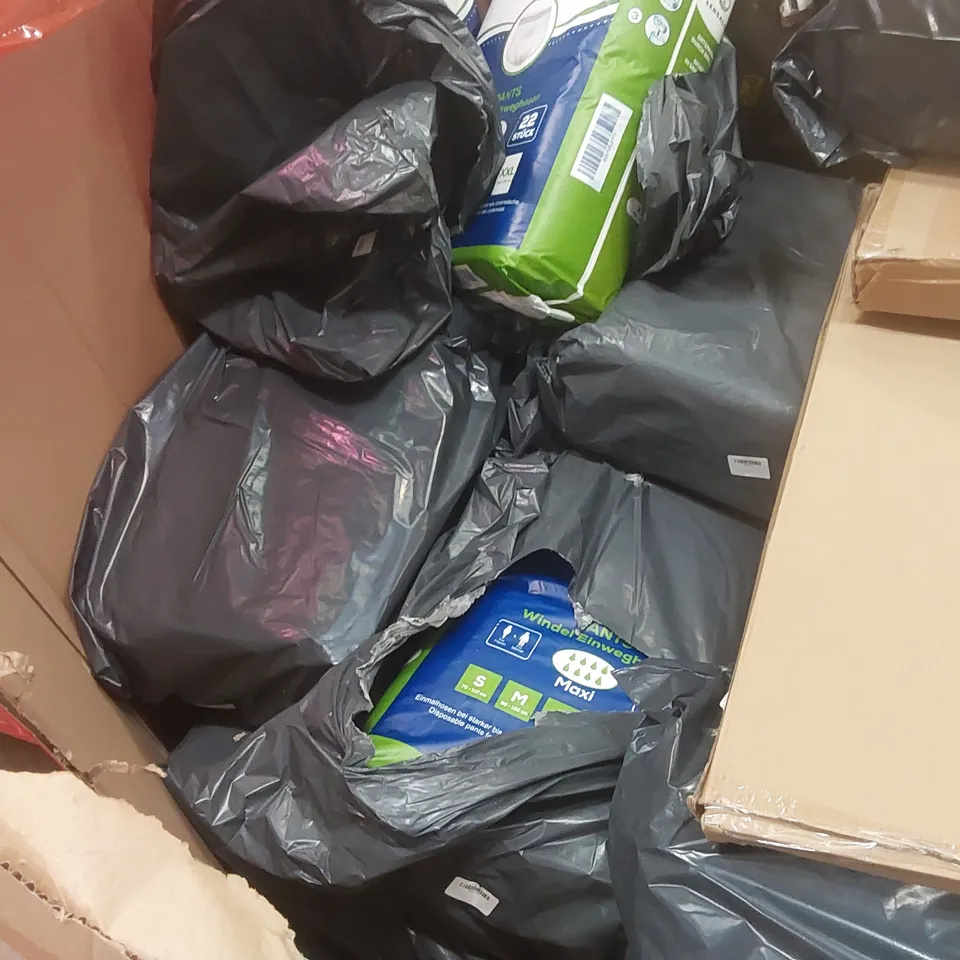 PALLET CONTAINING A VERY LARGE QUANTITY OF SENSALOU INCONTINENCE PANTS AND OTHER ASSORTED ITEMS INCLUDING: PRO VINYL FLOOR CUTTERS, LEAF BLOWER, STORAGE OTTOMAN ECT