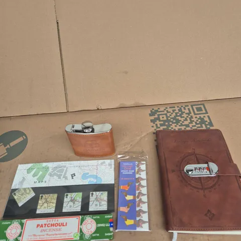 TOTE OF APPROXIMATELY 10 ASSORTED ITEMS INCLUDING SATYA PATCHOULI INCENSE, LONDON CASK TRADERS HIP FLASK AND ROYAL MINT STAMPS MAPS