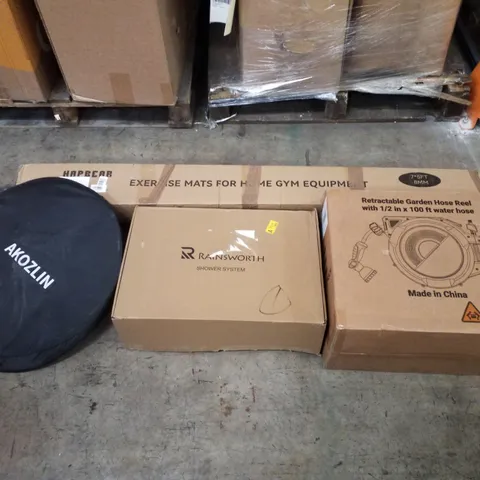 PALLET CONTAINING ASSORTED PRODUCTS INCLUDING EXERCISE MATS, SHOWER SYSTEM, RETRACTABLE GARDEN HOSE REEL & POP UP TENT