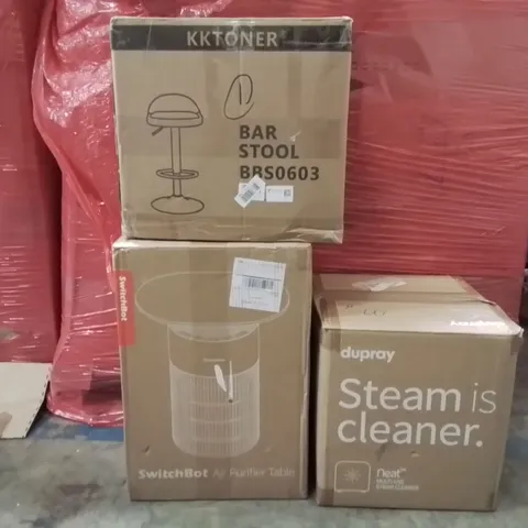 PALLET OF ASSORTED HOUSEHOLD GOODS AND PRODUCTS TO INCLUDE;BAR STOOL,STEAM CLEANER,AIR PURIFIER 