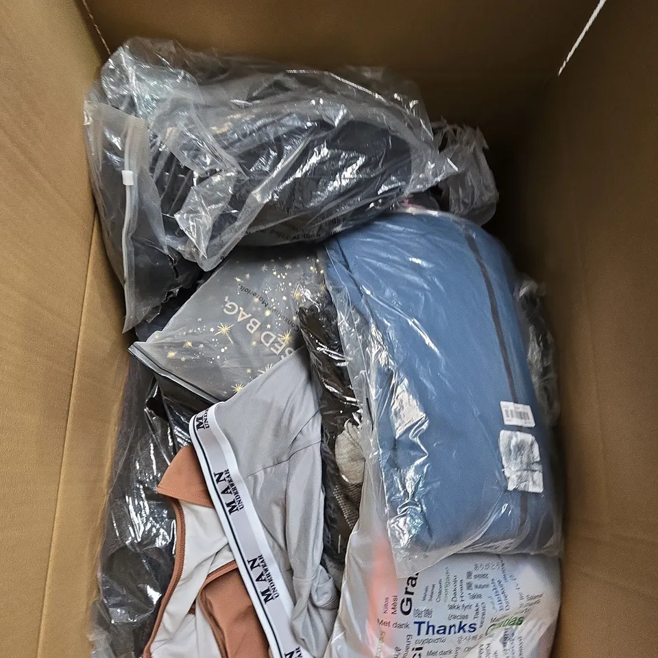 LARGE BOX OF ASSORTED CLOTHING ITEMS IN VARIOUS SIZES, STYLES AND COLOUR 