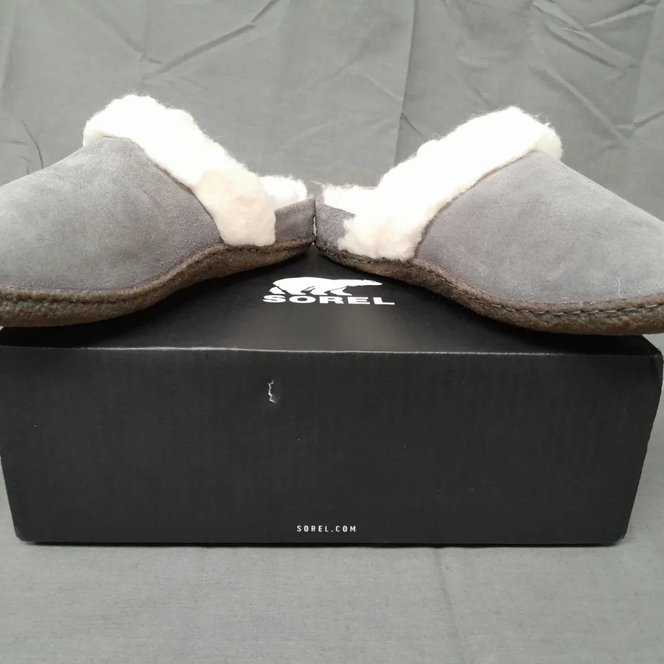 BOXED PAIR OF SOREL NAKISKA SLIDE II SLIPPERS IN GREY UK SIZE 6