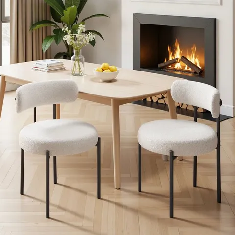 BOXED DINING CHAIRS SET OF 2 MODERN TEDDY FABRIC UPHOLSTERED - WHITE (1 BOX)