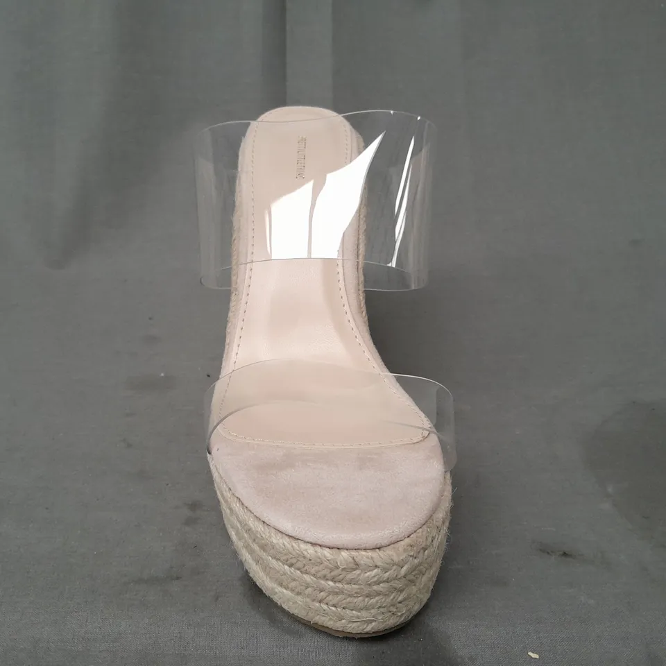 BOXED PAIR OF PRETTY LITTLE THING CLEAR STRAP WEDGE SANDALS IN NUDE 6