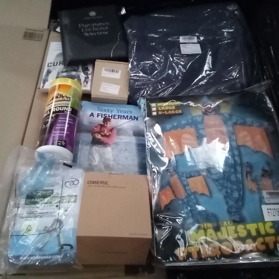 PALLET OF 4 BOXES CONTAINING ASSORTED ITEMS INCLUDING HAND EXERCISER, ARMORALL ALL ROUND WIPES, PTERODACTYL COSTUME, TOTE BAG, SIXTY YEARS A FISHERMAN BOOK, WELCOME TO CURIOSITY DVD