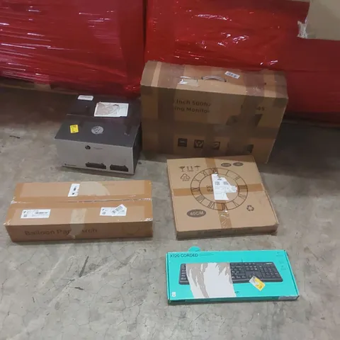 PALLET CONTAINING A LARGE QUANTITY OF ASSORTED ITEMS INCLUDING: TURNTABLE, MONITOR, LOGITECH MONITOR, WALL DECOR, BALLOON ARCH ECT