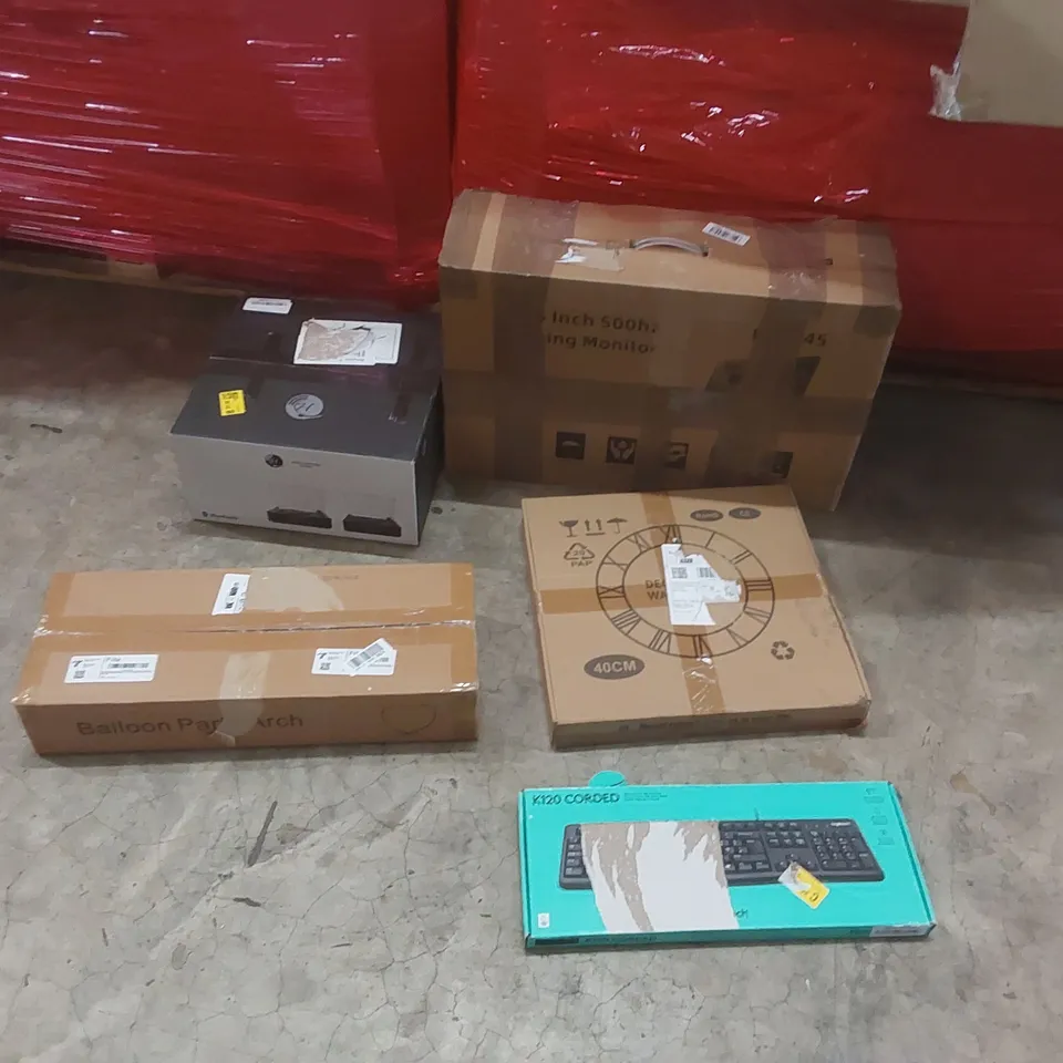 PALLET CONTAINING A LARGE QUANTITY OF ASSORTED ITEMS INCLUDING: TURNTABLE, MONITOR, LOGITECH MONITOR, WALL DECOR, BALLOON ARCH ECT