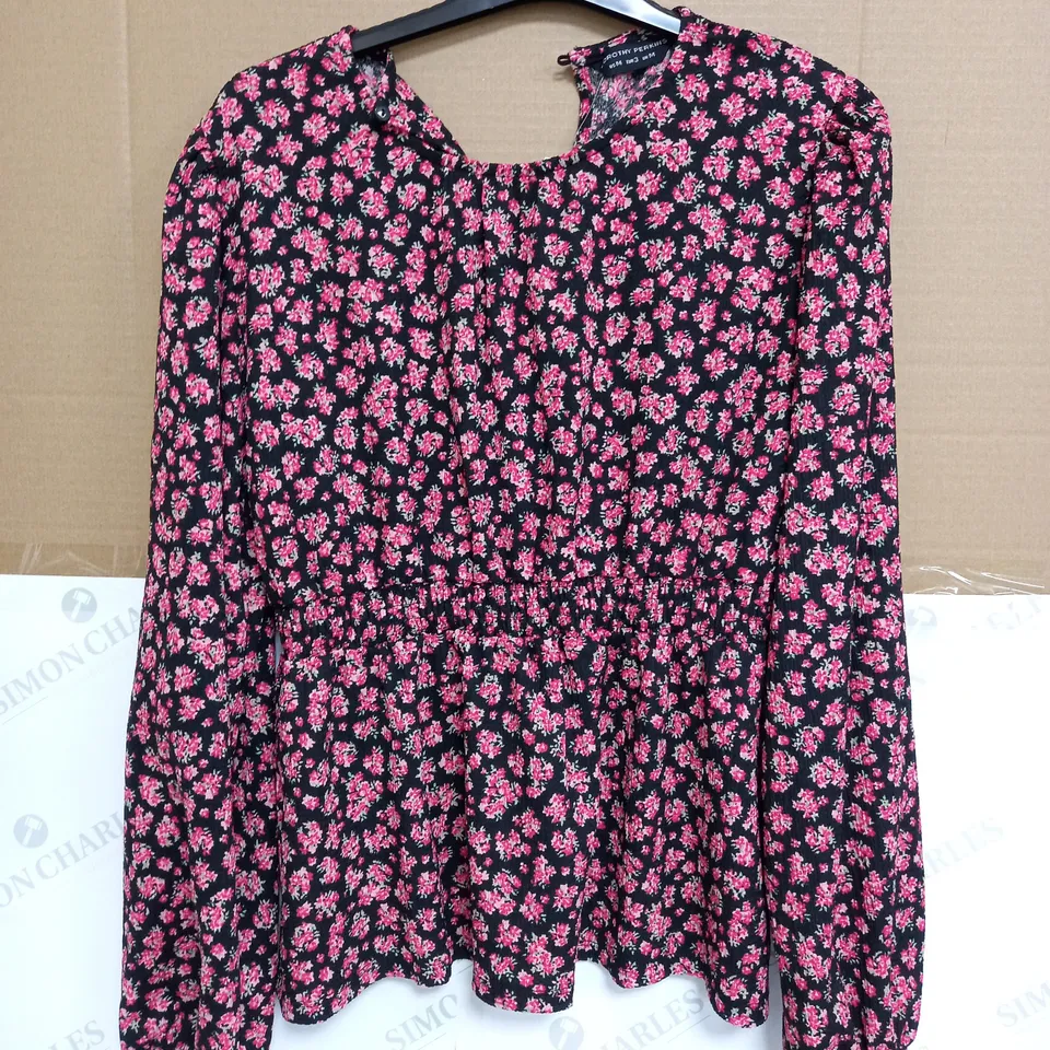 DOROTHY PERKINS FLORAL PLEAT NECK SHIRRED WAIST CRINKLE JERSEY FLORAL TOP IN BLACK/PINK - MEDIUM