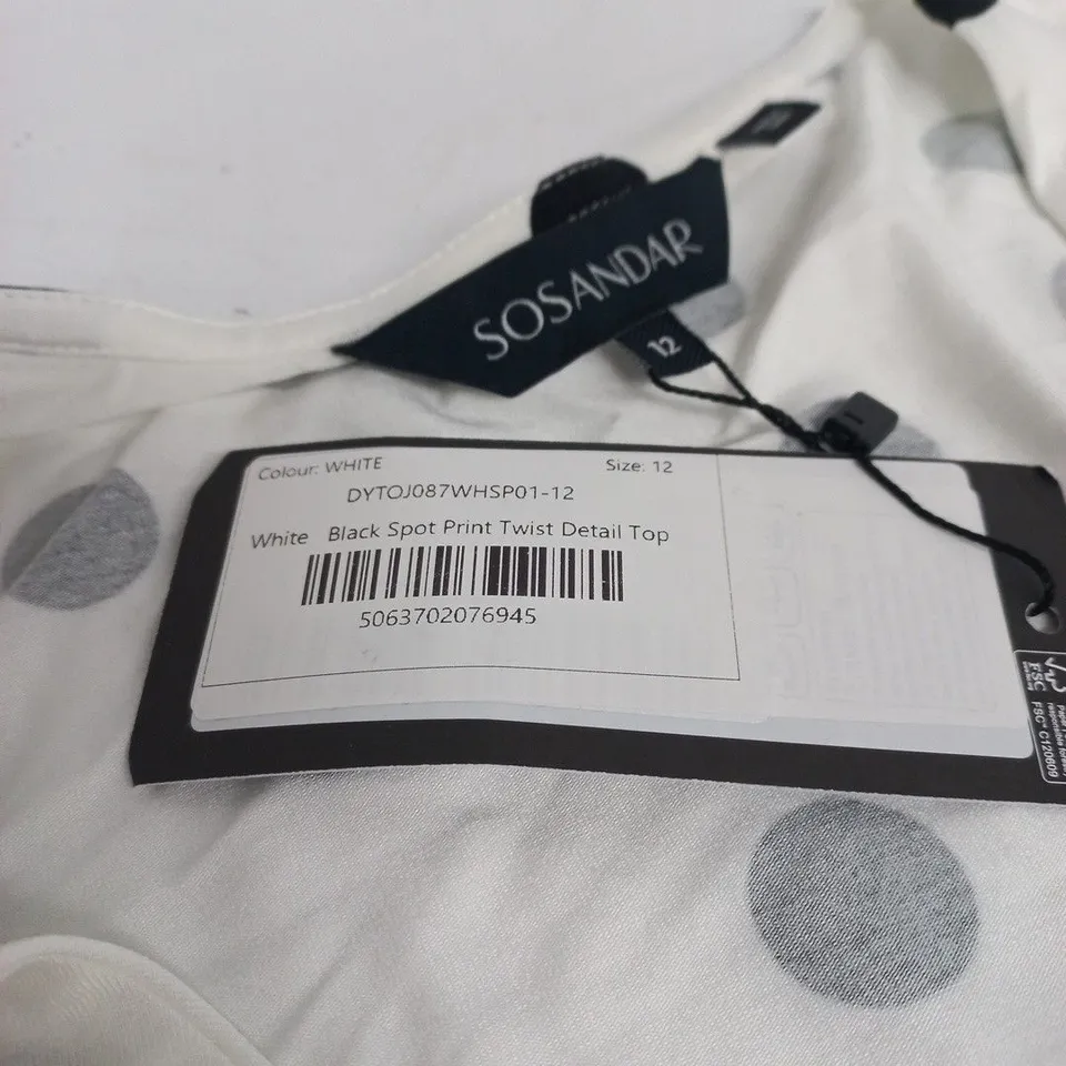 SOSANDAR WHITE SPOT PRINT TWIST DETAIL TOP – UK 12
