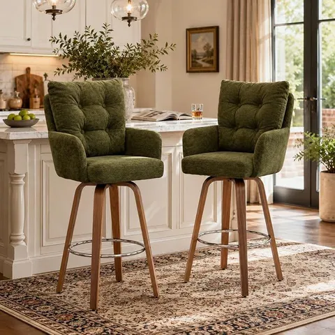 BOXED 28 INCH WOODEN LEGS MODERN COUNTER HEIGHT BAR STOOLS SET OF 2 - DARK GREEN