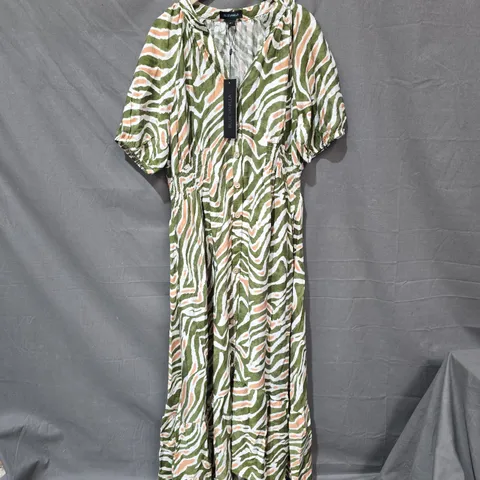 BLUE VANILLA KHAKI ZEBRA PRINT SHIRRED WAIST PUFF SLEEVE MIDI DRESS β UK SIZE L