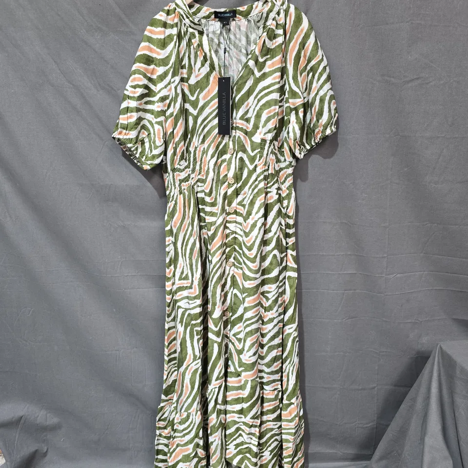 BLUE VANILLA KHAKI ZEBRA PRINT SHIRRED WAIST PUFF SLEEVE MIDI DRESS – UK SIZE L