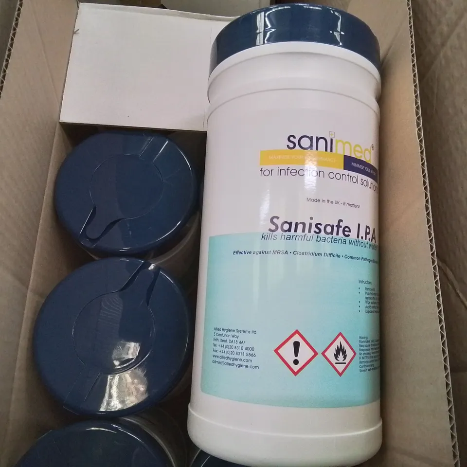 PALLET CONTAINING SHARPPAK 60 YELLOW HAZARDOUS WASTE BINS & APPROXIMATELY 14 CASES EACH CONTAINING 10 TUBS SANISAFE BACTERIAL WIPES 