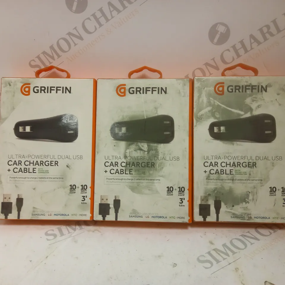 3 X BOXED GRIFFIN ULTRA-POWERFUL DUAL USB CAR CHARGERS & MICRO USB CABLE 