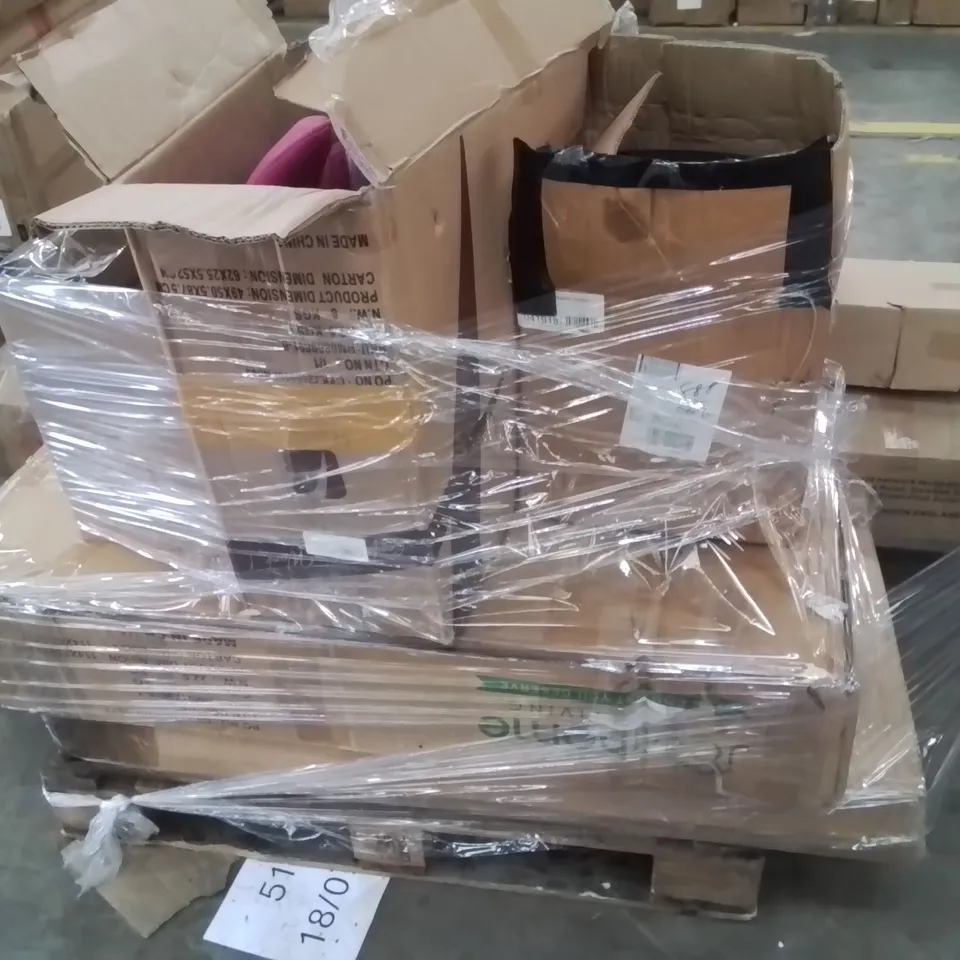 PALLET CONTAINING VARIOUS ASSORTED HOUSEHOLD CUSTOMER RETURNS TO INCLUDE: OFFICE CHAIR, SHELF UNITS, LOFT BED AND LOTS MORE UNMARKED BOXED ITEMS 