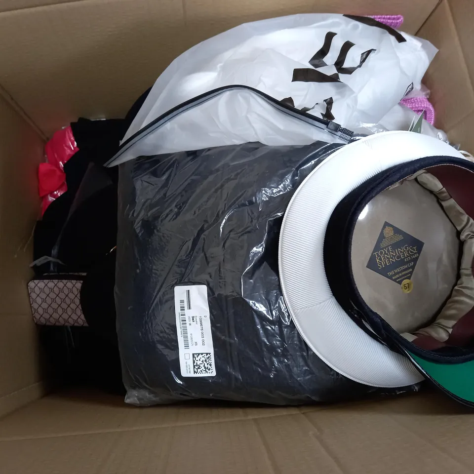 LARGE BOX OF ASSORTED CLOTHING ITEMS IN VARIOUS COLOURS AND SIZES INCLUDING TROUSERS , TOPS AND JUMPERS 