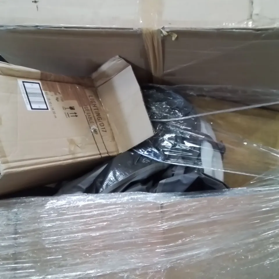 PALLET OF ASSORTED HOUSEHOLD GOODS AND PRODUCTS TO INCLUDE;DINING CHAIR,FAN,TABLE LAMP
