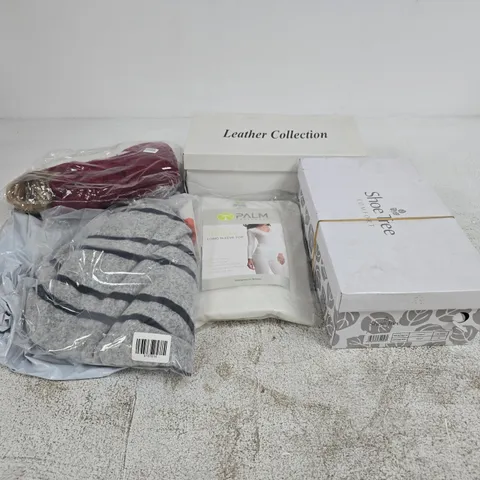 APPROXIMATELY 14 ASSORTED CLOTHING & FOOTWEAR ITEMS IN VARIOUS COLOURS, SIZES, AND STYLES TO INCLUDE BRANDS SUCH AS SHOE TREE, LEATHER COLLECTION &MAISI, ETC