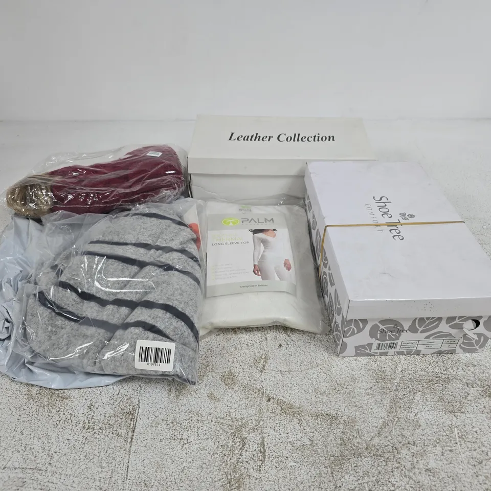 APPROXIMATELY 14 ASSORTED CLOTHING & FOOTWEAR ITEMS IN VARIOUS COLOURS, SIZES, AND STYLES TO INCLUDE BRANDS SUCH AS SHOE TREE, LEATHER COLLECTION &MAISI, ETC