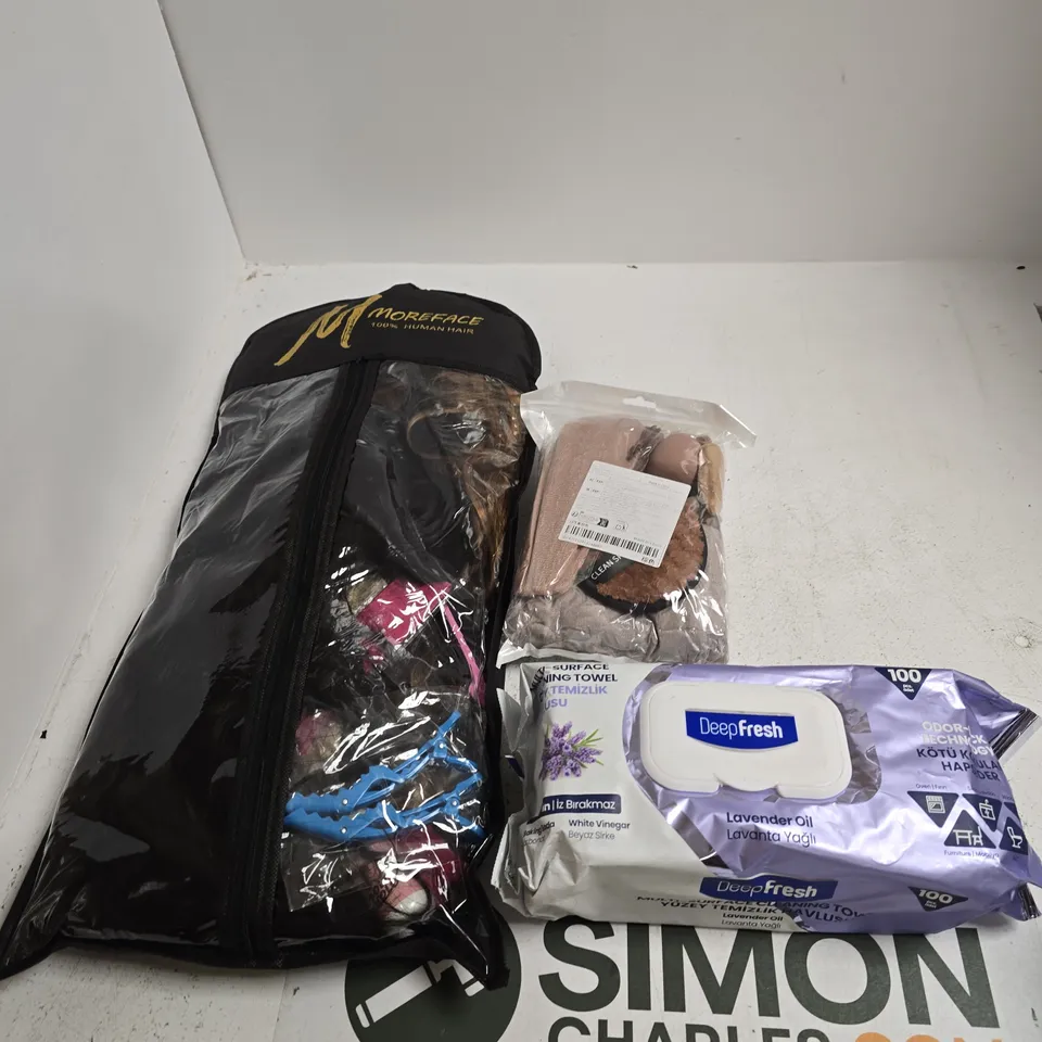 TOTE OF APPROXIMATELY 5 ASSORTED ITEMS INCLUDING DEEP FRESH MULTI-SURFACE CLEANING TOWEL, MAKEUP TOOLS AND MOREFACE HUMAN HAIR