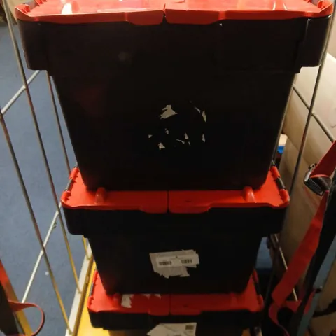 SET OF 3 BLACK PLASTIC STORAGE CRATES WITH RED LIDS - COLLECTION ONLY