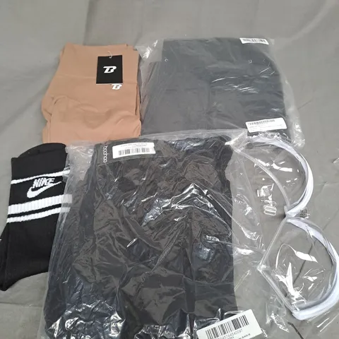 BOX OF APPROXIMATELY 25 ASSORTED CLOTHING ITEMS TO INCLUDE - LEGGINGS , SOCKS , BRA ETC