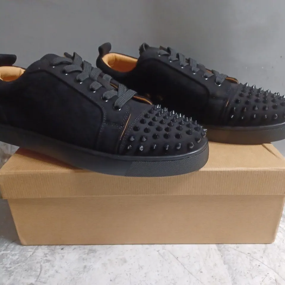 BOXED PAIR OF CHRISTIAN LOUBOUTIN SHOES IN BLACK W. SPIKE DETAIL SIZE UNSPECIFIED