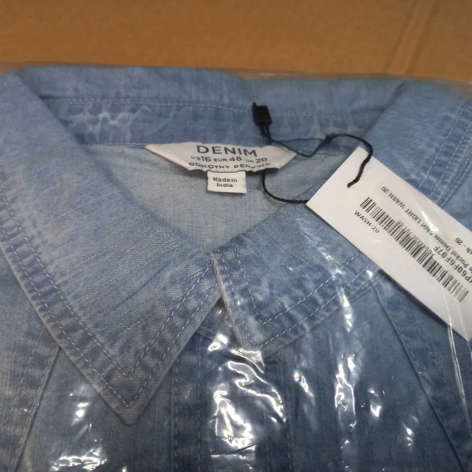 PACKAGED DOROTHY PERKINS LIGHT WASH DOUBLE POCKET DENIM SHIRT - SIZE 20