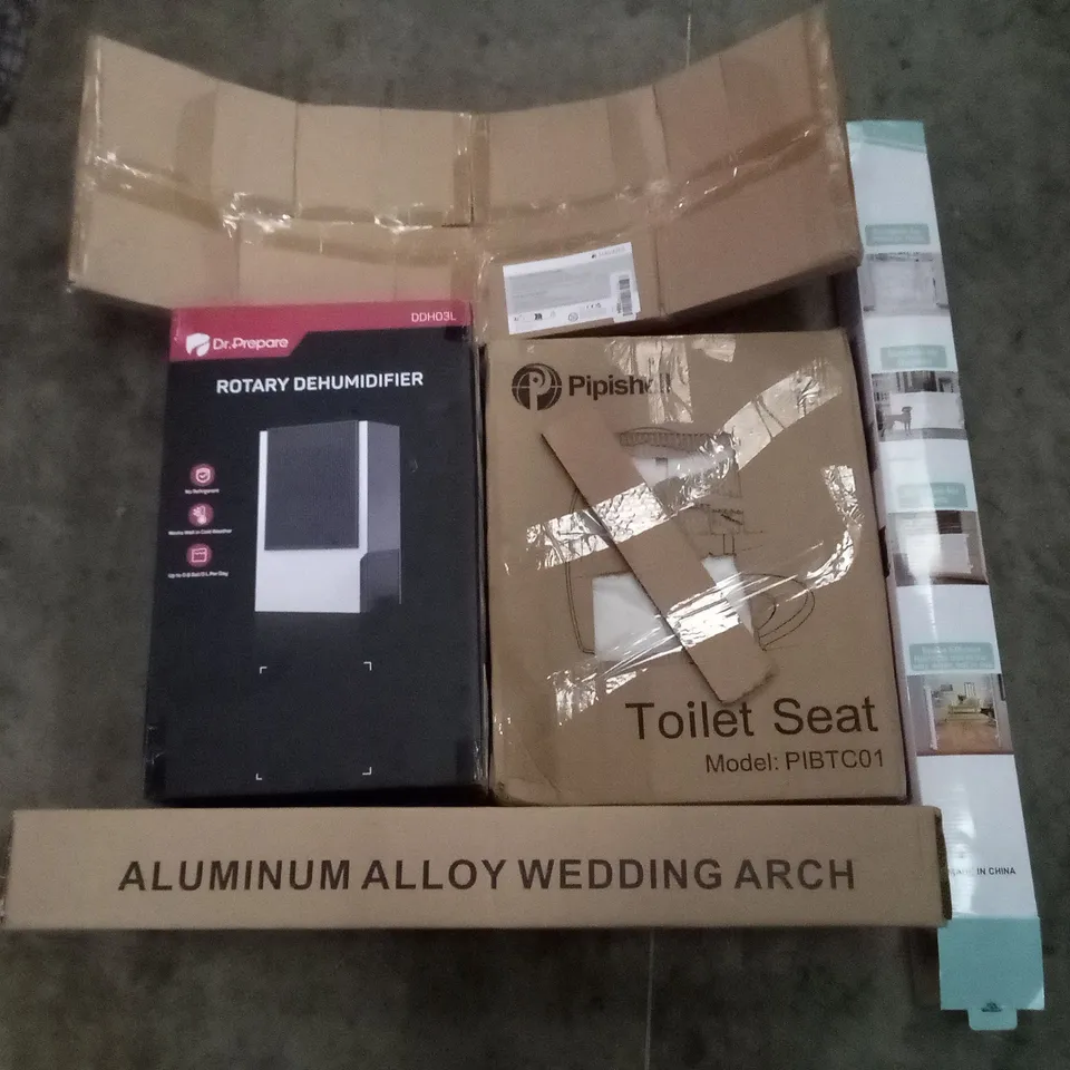 PALLET OF ASSORTED ITEMS INCLUDING ALUMINIUM ALLOY WEDDING ARCH, ROTARY DEHUMIDIFIER, TOILET SEAT, RETRACTABLE SAFETY GATE, KIDS BALANCE BOARD 