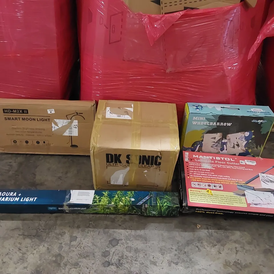 PALLET OF ASSORTED HOMEWARE AND CONSUMER PRODUCTS TO INCLUDE; ULTRASONIC CLEANER, AQUARIUM LIGHT, SMART MOON LAMP, LAMINATE FLOOR CUTTER, MINI WHEELBARROW ECT.