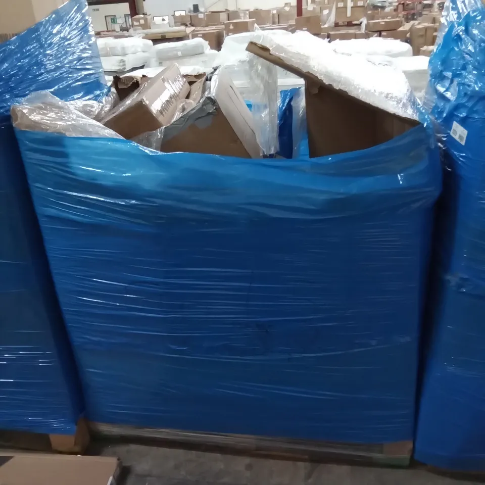 PALLET OF ASSORTED ITEMS INCLUDING HOMIDSC DESK, DOUBLE SIDE SIGN STAND, AIRAJ  HEDGE SHEARS, COMFURNI OFFICE CHAIR