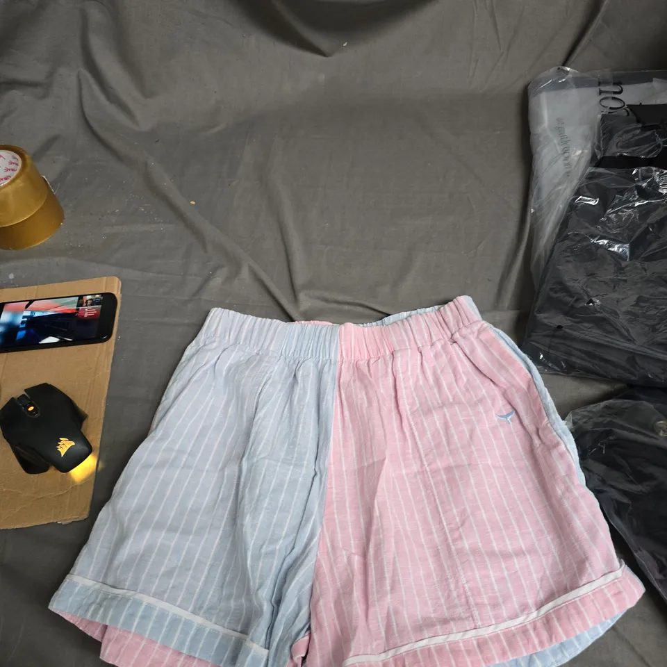 BOX OF APPROXIMATELY 20 ASSORTED CLOTHING ITEMS TO INCLUDE: BLACK HANDBAG AND PINK AND BLUE SHORTS
