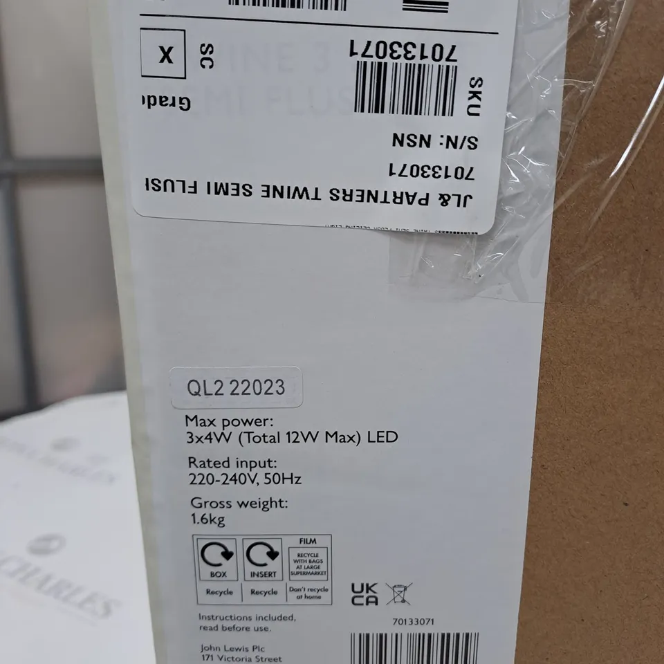 BOXED JOHN LEWIS TWINE 3 LIGHT SEMI FLUSH 