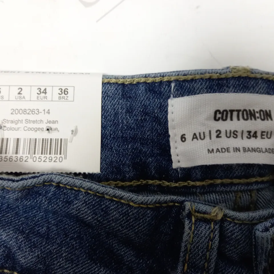 BOX OF APPROX 6 BRAND NEW COTTON:ON STRAIGHT STRETCH JEANS - COOGEE BLUE SIZE AUS 6	