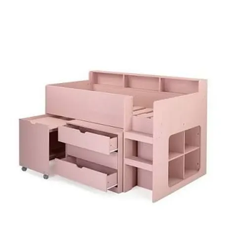 BOXED ASPEN MID SLEEPER BED FRAME WITH DESK, DRAWERS AND SHELVES - PINK (4 BOXES)