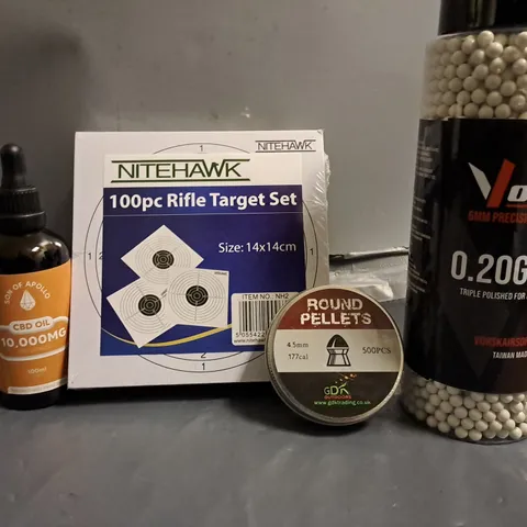 APPROXIMATELY 12 ASSORTED ITEMS TO INCLUDE - NITEHAWK 100 PEICE RIFLE TARGET SET , ROUND PELLETS , CBD OIL ETC