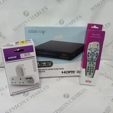 APPROXIMATELY 20 ASSORTED ITEMS TO INCLUDE DVD PLAYER, SKY PLUS HD REMOTE CONTROL, USB 2 WAY CABLE FREE SOCKET ADAPTER ETC.