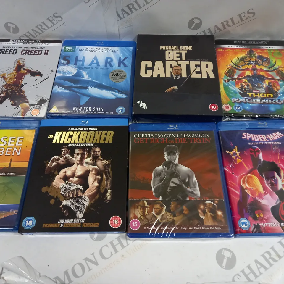 LOT OF 16 ASSORTED BLUE-RAY AND DVDS TO INCLUDE SEALED GET CARTER, SPIDER MAN ACROSS THE SPIDER VERSE AND 211