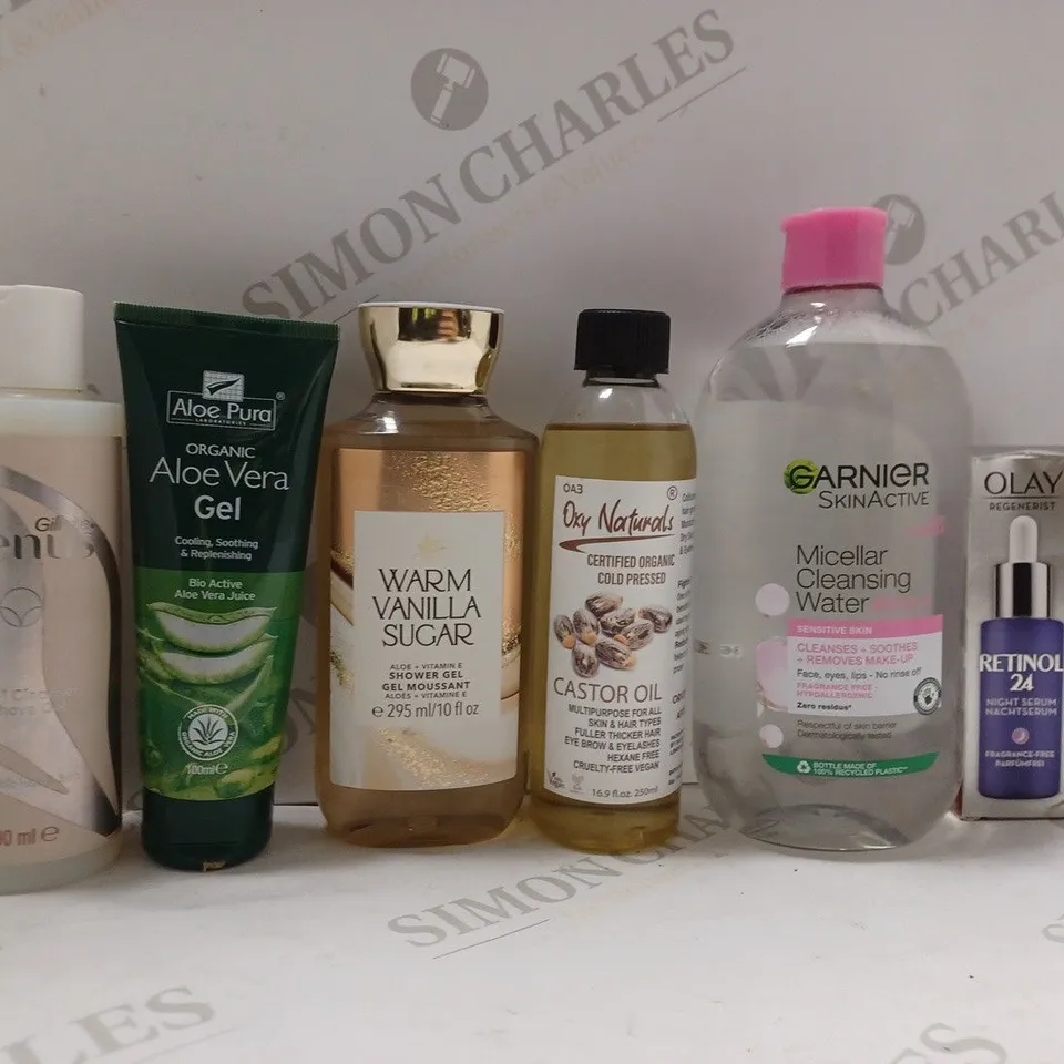 BOX OF APPROX 20 ASSORTED HEALTH AND BEAUTY ITEMS TO INCLUDE - GARNIER MICELLAR CLEANSING WATER ALL IN 1 - ALOE PURA VERA GEL - OLAY REGENRIST RETINOL 24 NIGHT SERUM ECT