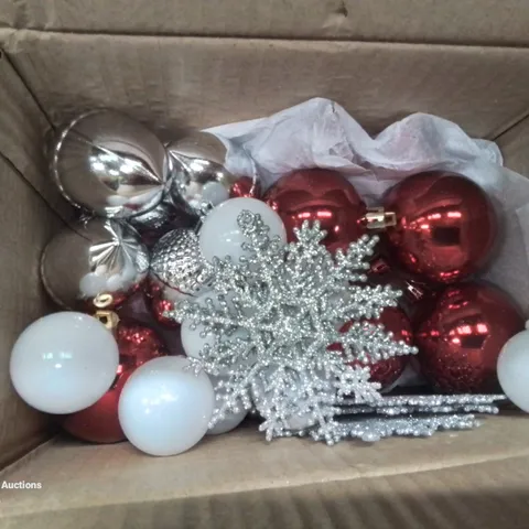 BOX OF CHRISTMAS DECORATIONS BAUBLES ETC.